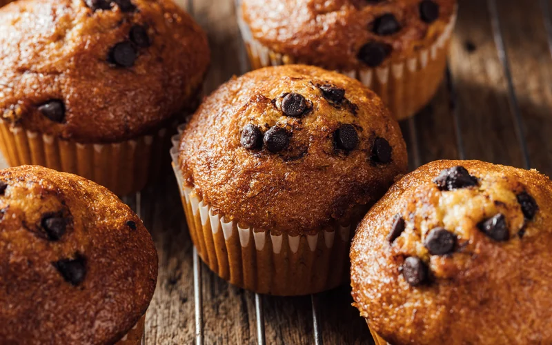 Chocolate chip muffins cooling on a wire rack