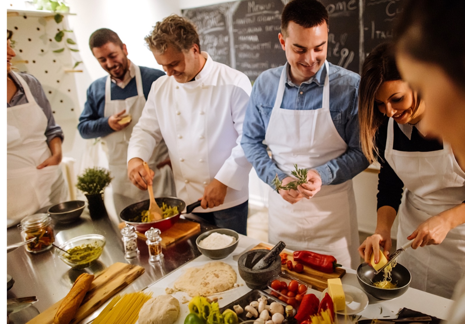 Students in aprons preparing fresh pasta and vegetables with their chef instructor during a Boulder home cook class.