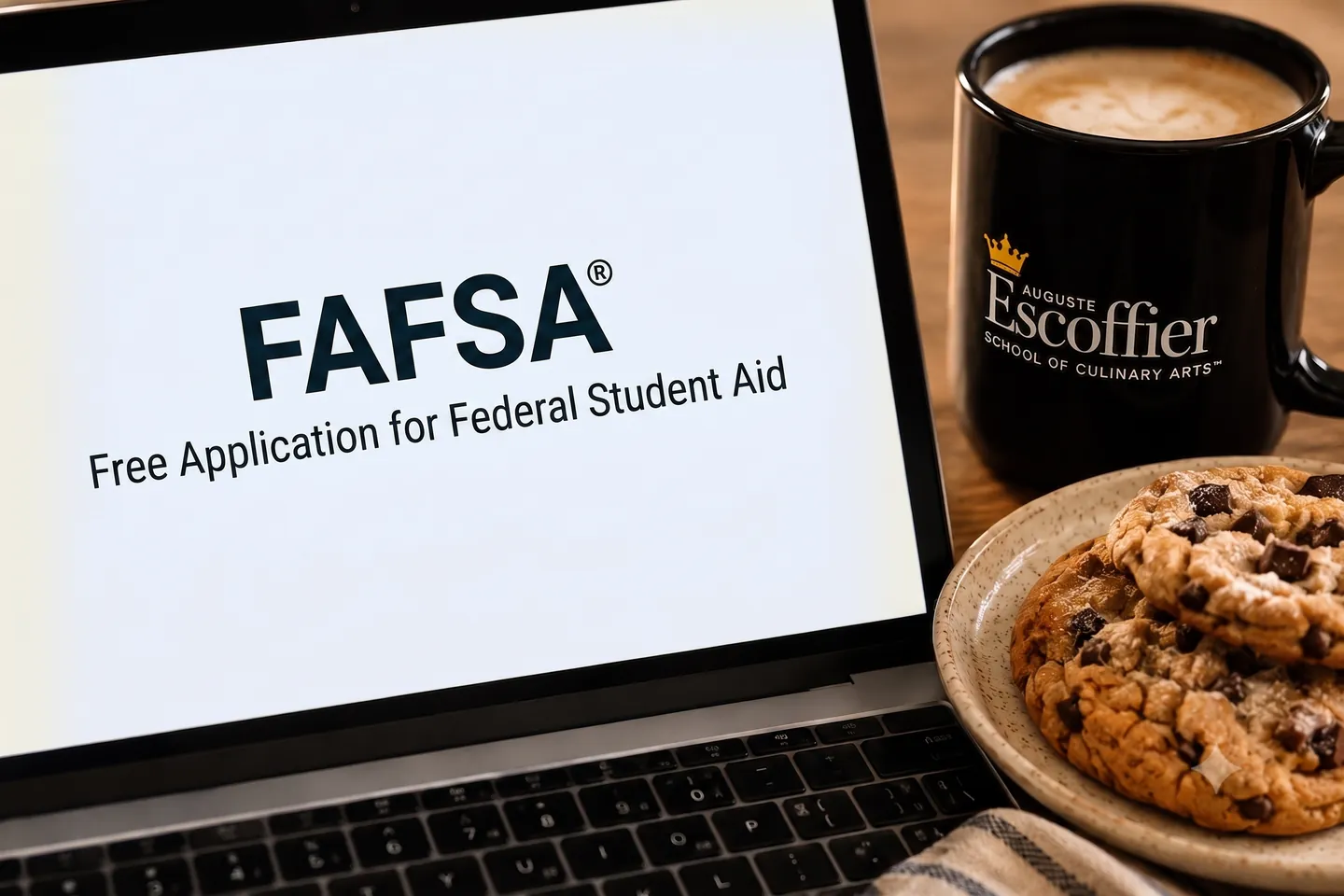 A computer screen showing the FAFSA® title, next to an Escoffier coffee mug and a plate of chocolate chip cookies.