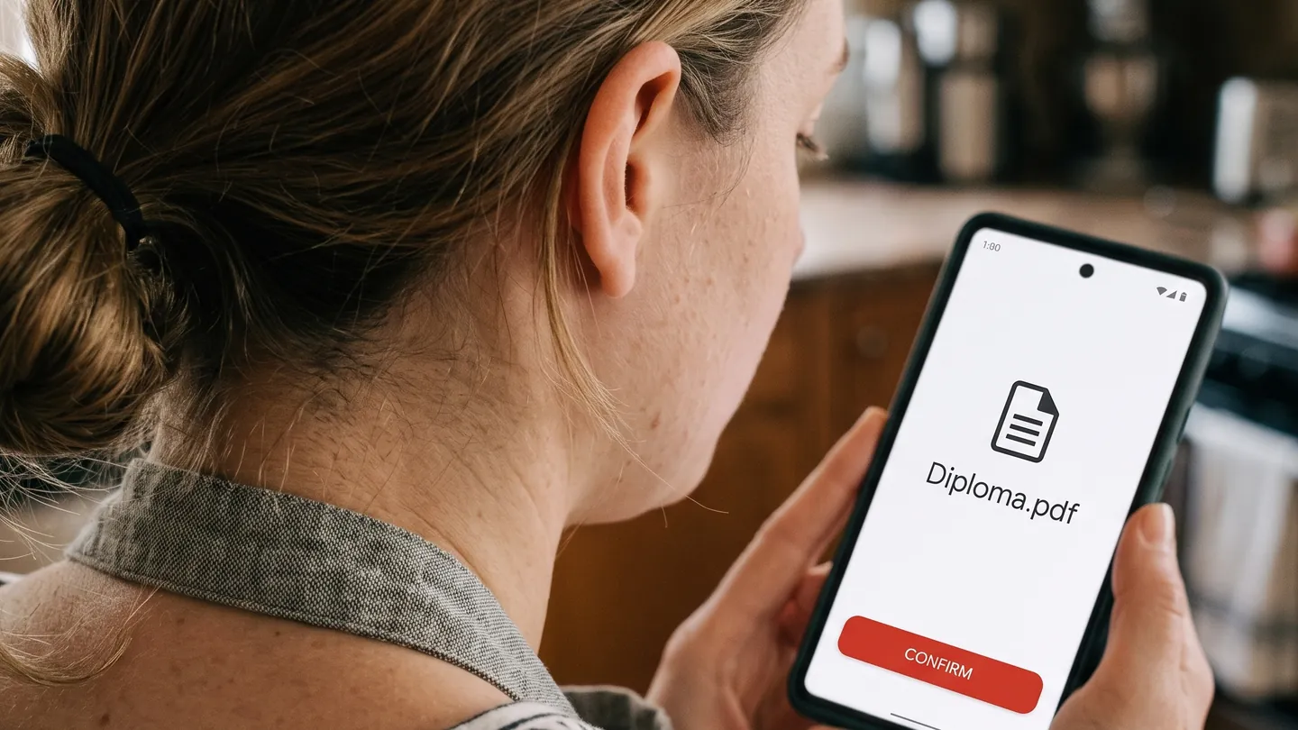 A person uploading a diploma PDF from their phone in a home kitchen.