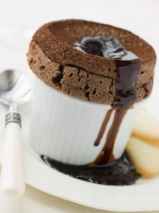Hot Chocolate Souffle with Chocolate sauce and Langue de Chat Biscuits