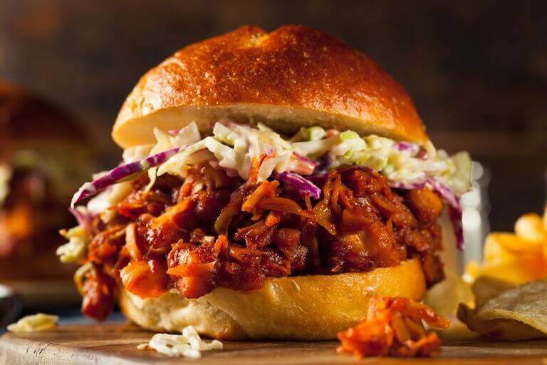 Jackfruit burger on a wooden board