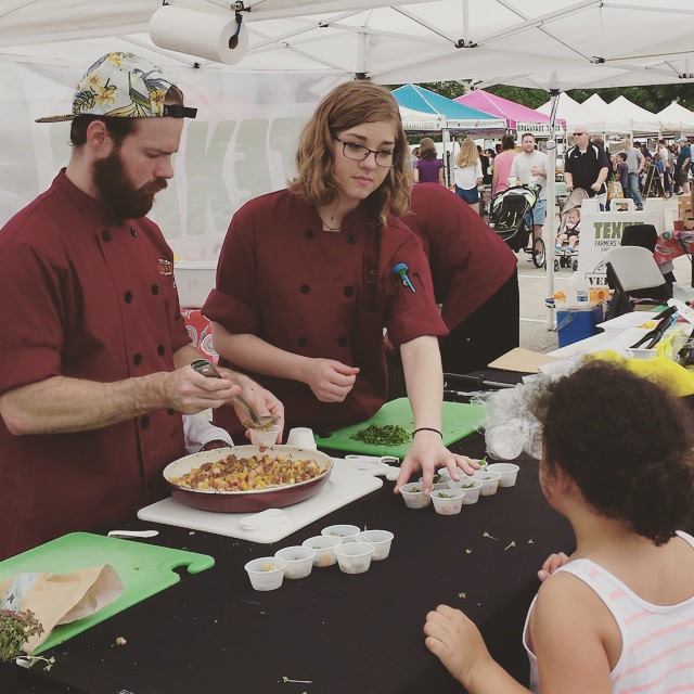 Students from Escoffier School were at the chef's demo tent with frittata samples and sweet and savory pork samples.   Photo by: Texas Farmers' Market at Lakeline. 