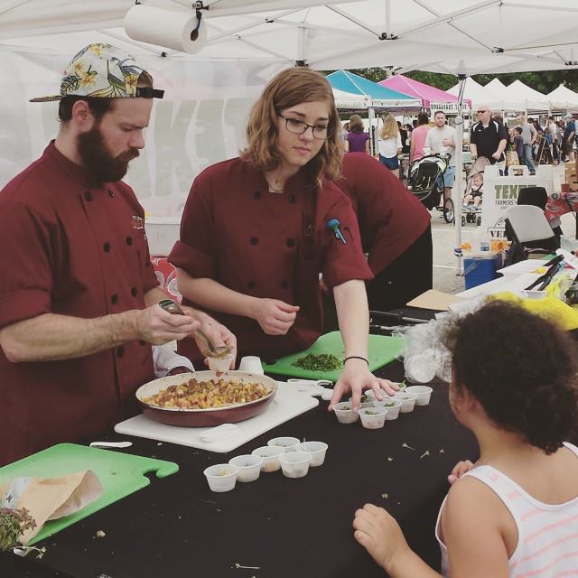 Students from Escoffier School were at the chef's demo tent with frittata samples and sweet and savory pork samples. Photo by: Texas Farmers' Market at Lakeline. 