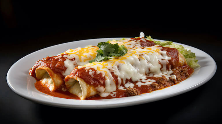 An example of Tex-Mex enchiladas, showing flour tortillas stuffed with meat filling, topped with a red sauce and melted cheese.