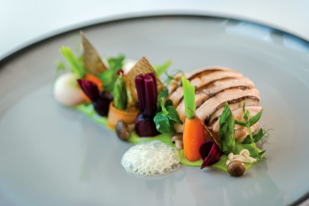 Unique plated dish with vegetable decorations and salmon