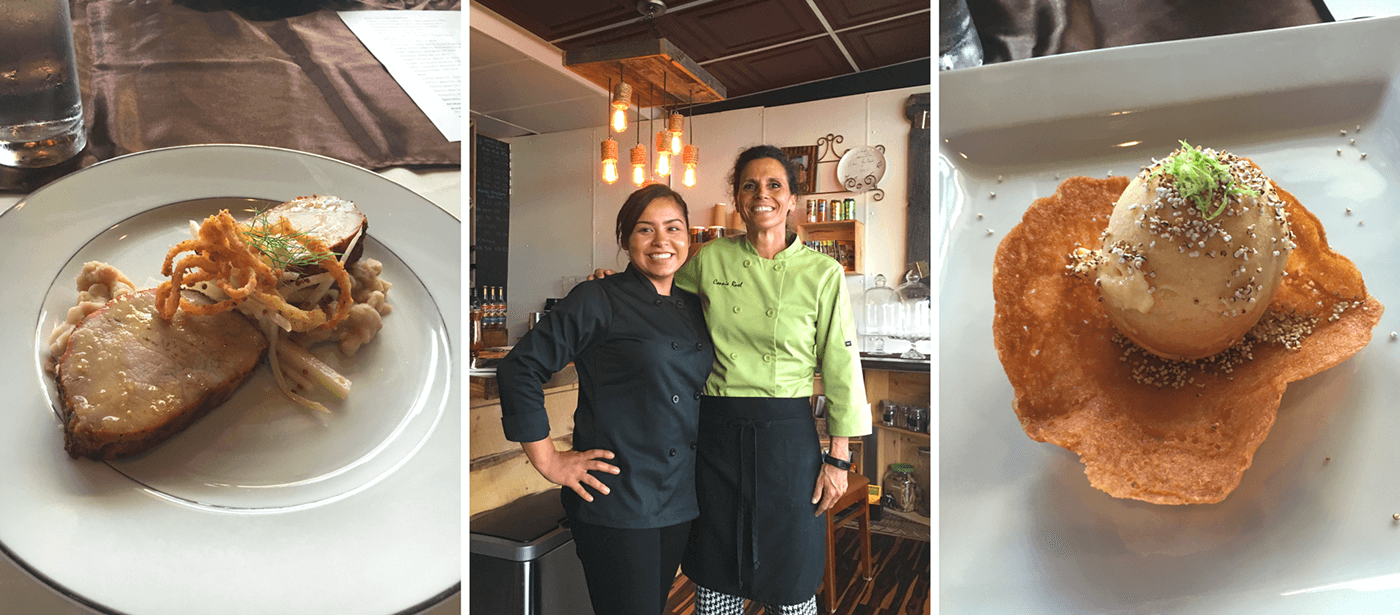 From left: Fig glazed pork loin with apple and fennel slaw; Escoffier Boulder student Cessalie Guevara and Connie Ruel; Sweet corn ice cream with tuile lace cooking cup