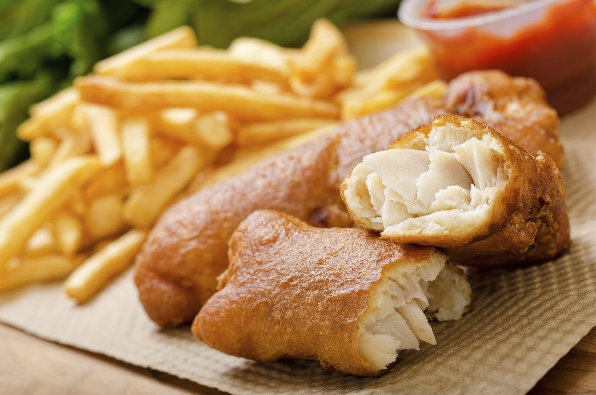 Fish and chips is a popular British street and bar food. 