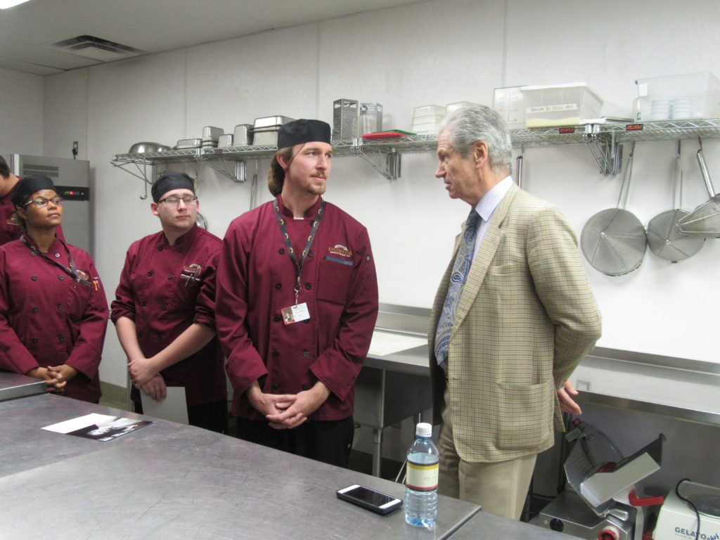 Michel Escoffier spent the entire day observing the classes of students and offering advice to the aspiring chefs. 