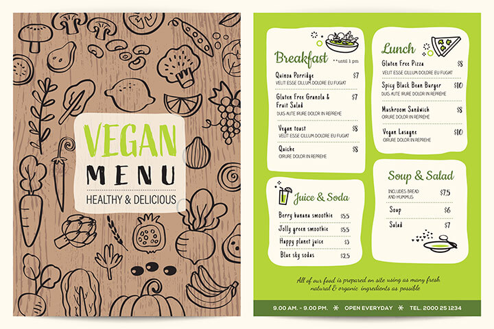 Green vegan restaurant menu with vegetables doodle on wooden background