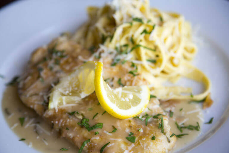 Chicken Francaise on a white plate