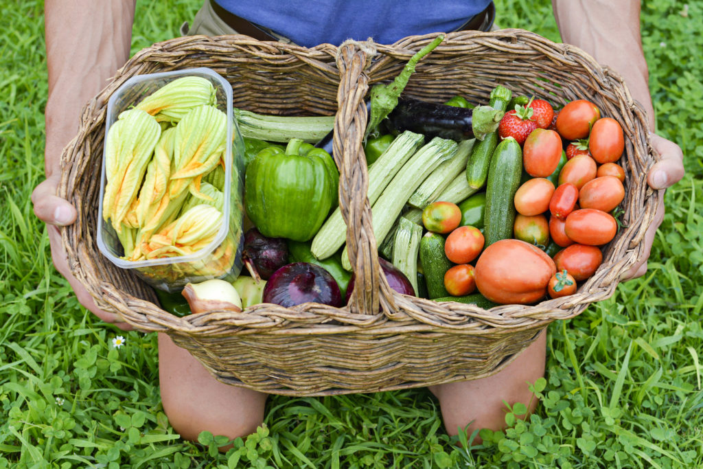 Man holding a basket of various vegetables