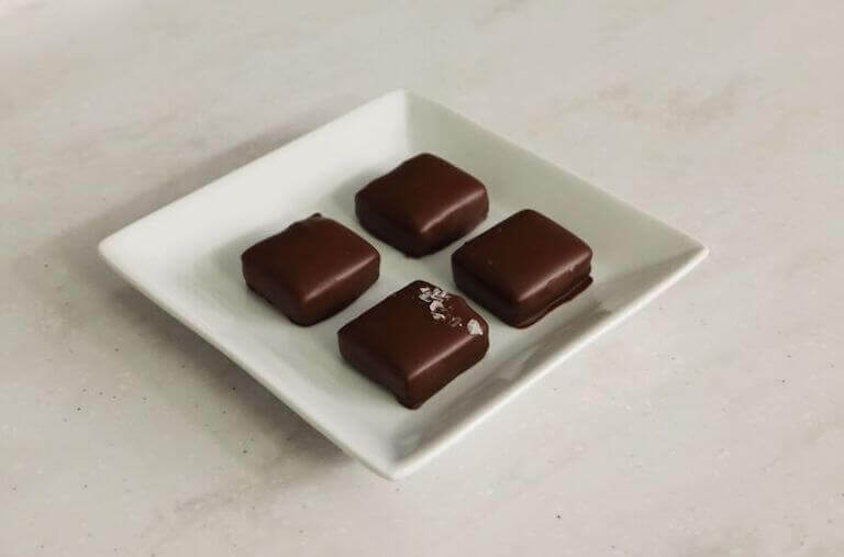 Chocolate slab truffles plated on a white dish
