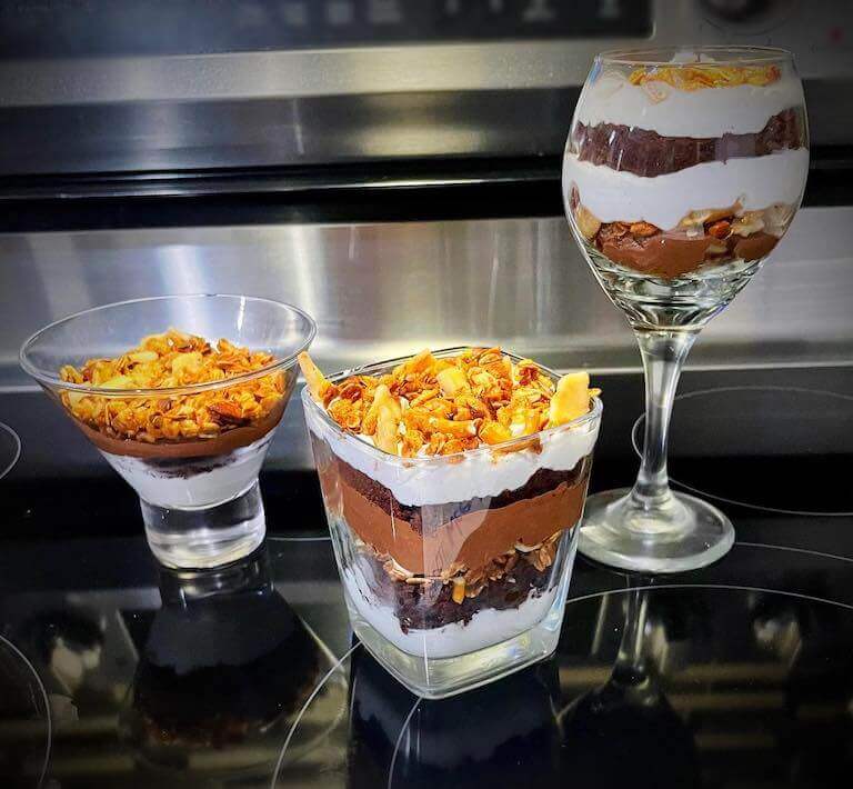 Vegan verines with pretzels and nuts in glasses