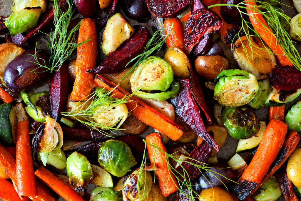 Roasted vegetable medley of brussel sprouts, carrots, beets