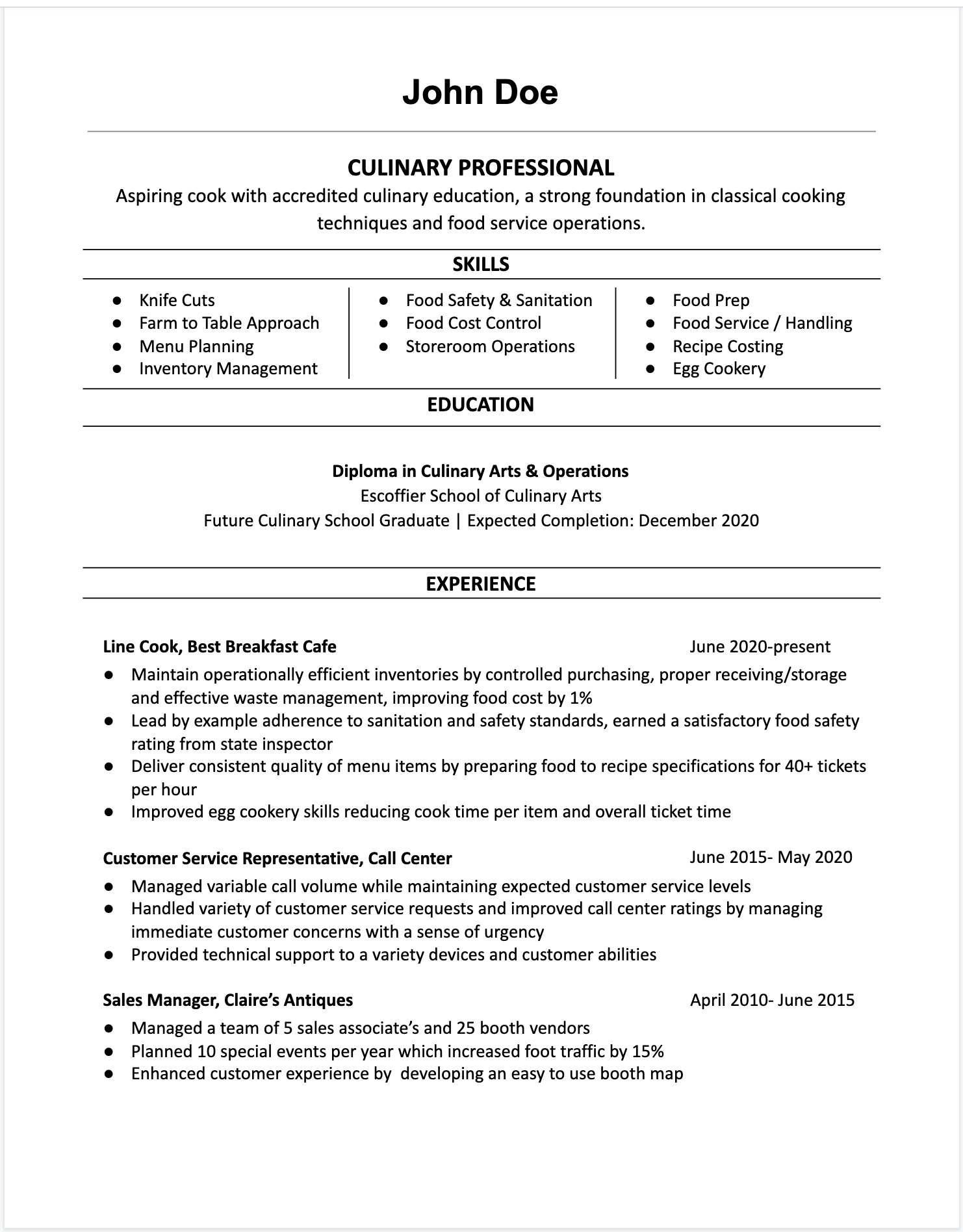 culinary career changer resume sample