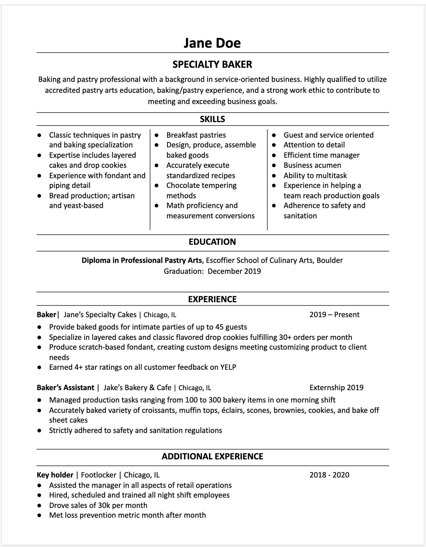 pastry career changer sample resume