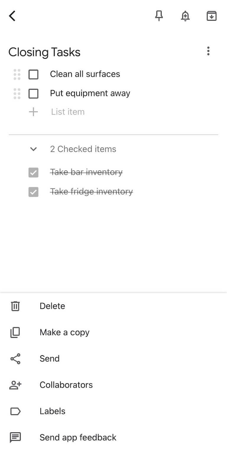 Screenshot of tasks on Google Keep app
