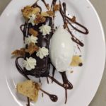 Shereen, Flourless Chocolate Cake Covered in Ganache, Honeycomb Crumble, White Chocolate Mousse and Fior Gelato