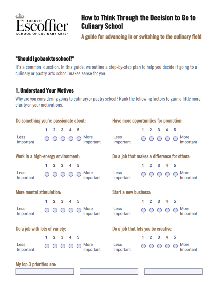 Culinary school decision PDF worksheet