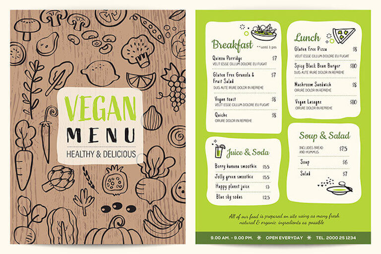 A template for a fun, quirky vegan restaurant menu, with playful green text and hand-drawn images.