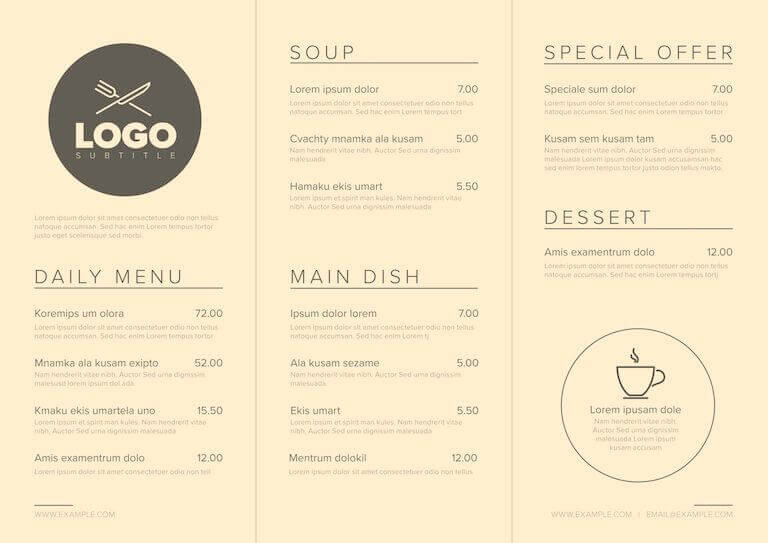 A template for a simple, modern restaurant menu, with gray sans serif text on a beige background.