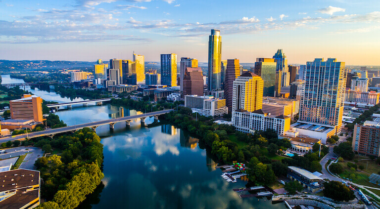 Downtown Austin skyline next to a lake