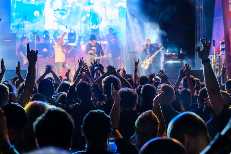 Fans cheering and waiving their arms at a live concert