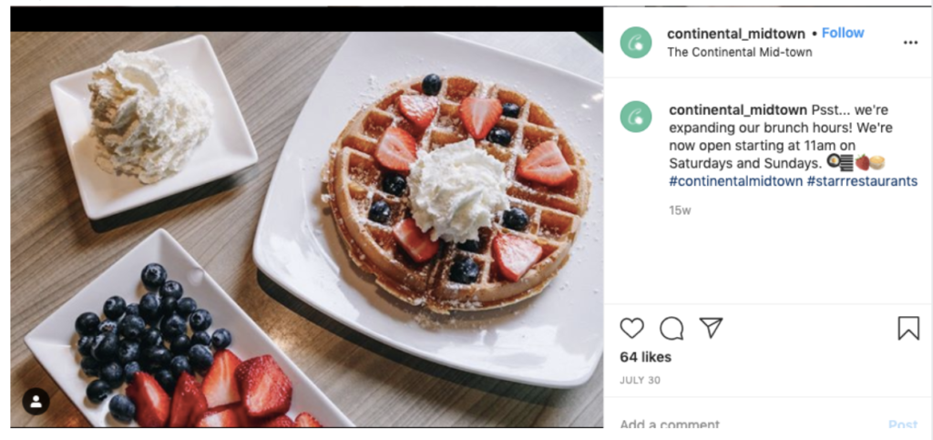 Continental midtown instagram image of waffles and strawberries