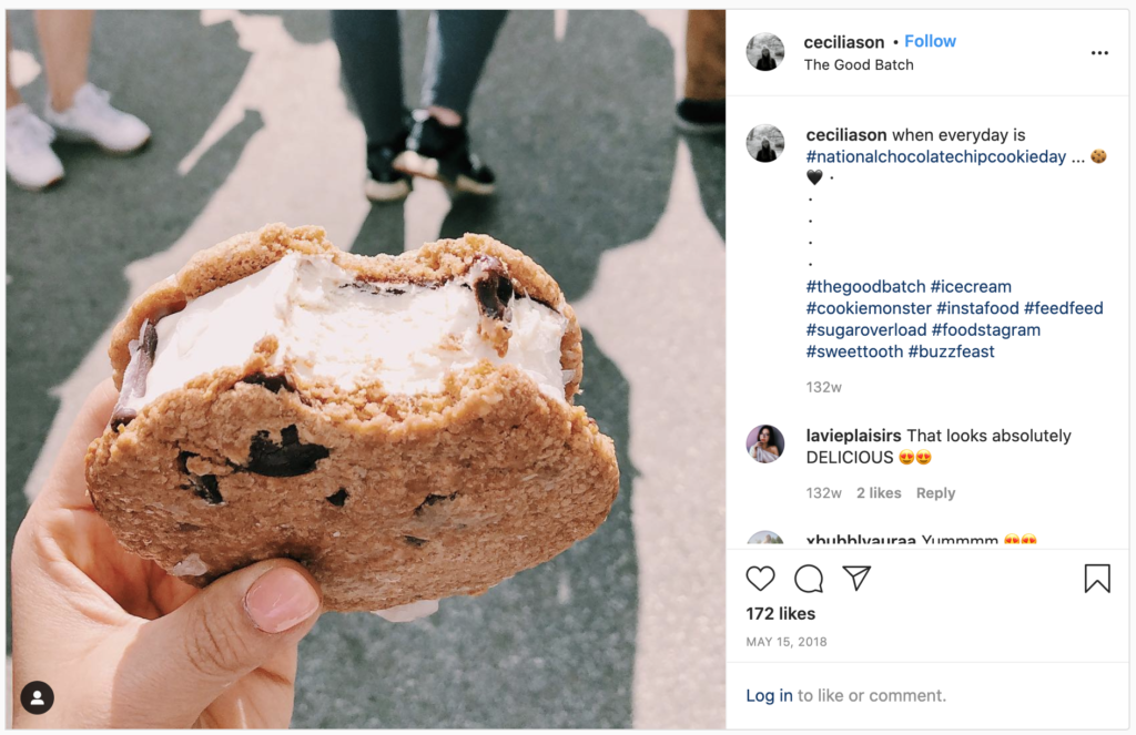 Customer shares image on Instagram of chocolate chip cookie ice cream sandwich