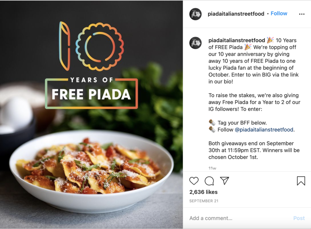 Piada Italian Streetfood celebrates their ten year anniversary with image on instagram