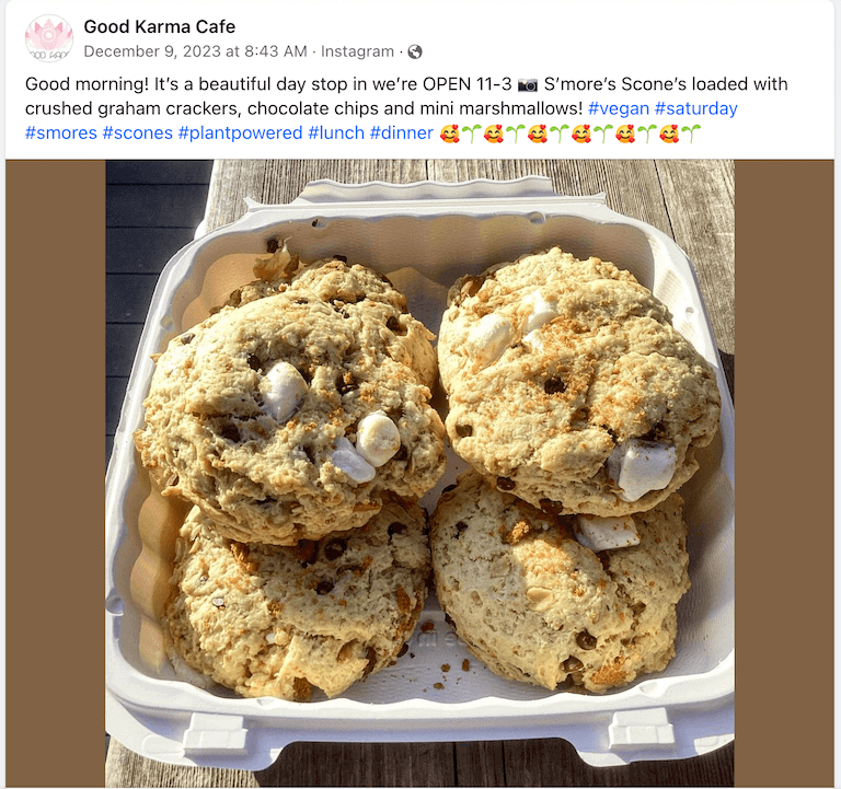 Screenshot of a Facebook post depicting a close-up photo of a to-go box filled with fresh scones.