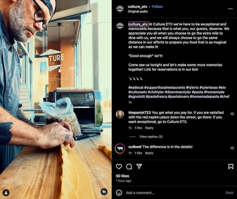 Screenshot of an Instagram post depicting a chef preparing fresh ravioli on a wooden work station in front of a large window.