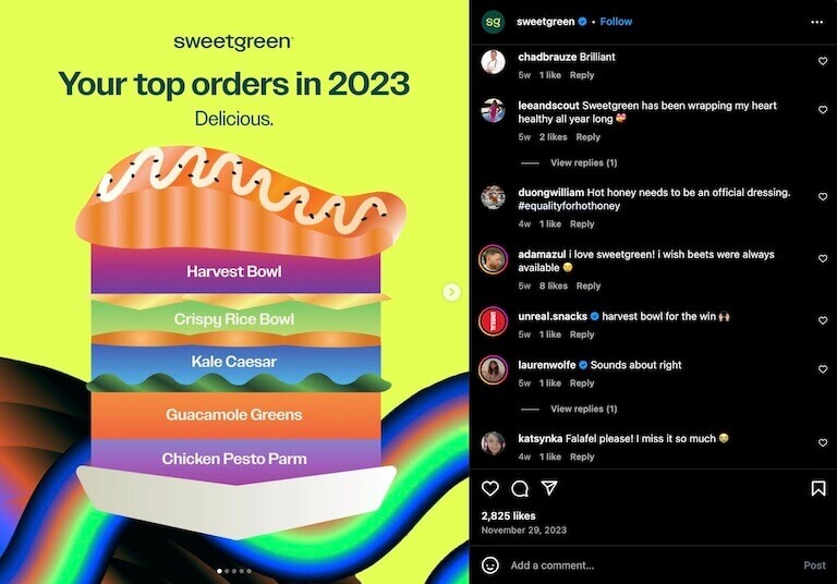 Screenshot of an Instagram post depicting a list of salads presented in a colorful, eye-catching format—mimicking imagery used on the Spotify music streaming app.