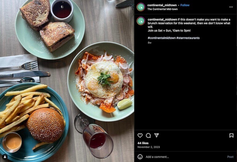 Screenshot of an Instagram post depicting three colorful plates with a burger and fries, breakfast nachos topped with fried eggs, and french toast with maple syrup, along with a cocktail in a champagne flute and silverware.