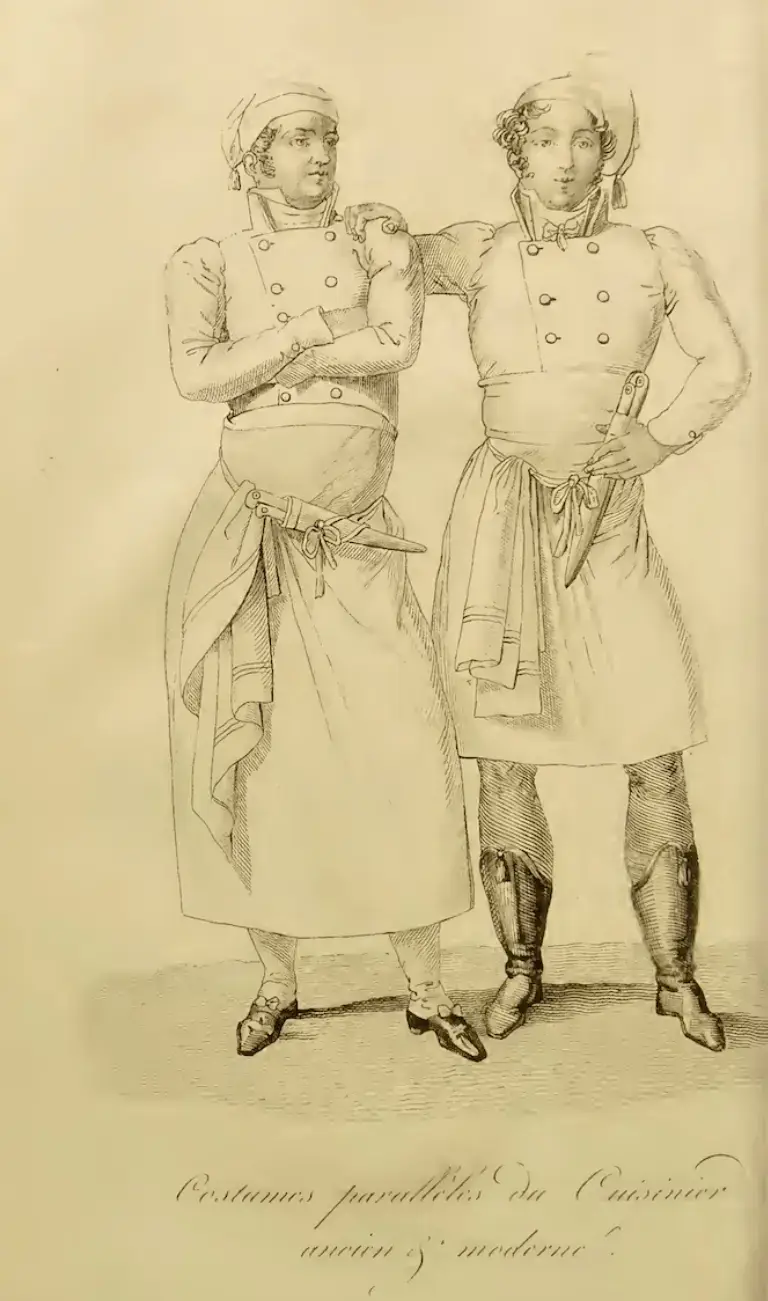 A digitized 1822 sketch, sourced from Le Maître d’Hôtel Français, showing two chefs side-by-side. The image compares a traditional uniform on the left with Marie-Antoine Carême’s modernized double-breasted jacket and apron on the right, captioned in French cursive.