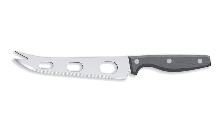 A closeup of a cheese knife set against a plain white background