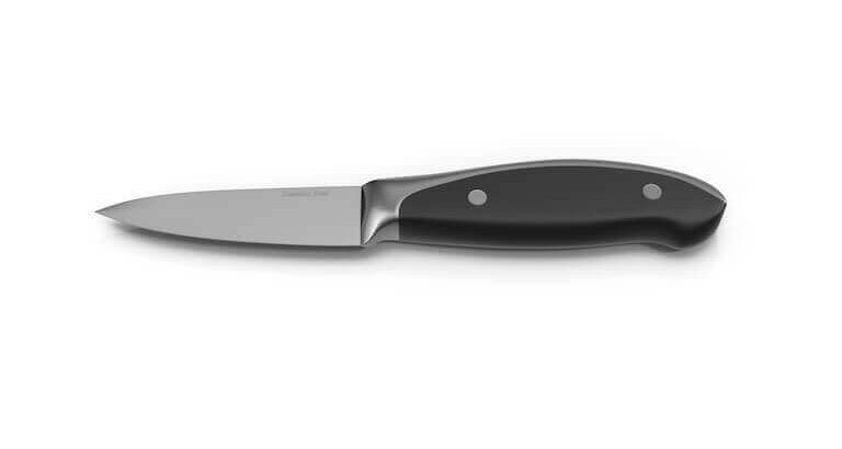 A closeup of a paring knife set against a plain white background