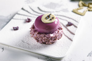 Blueberry Mousse with Glossy Violet Berry Cake Decorated with White Chocolate