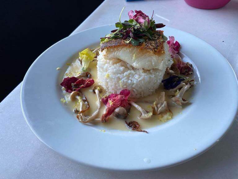 Chilean sea bass and rice plated on a white dish 