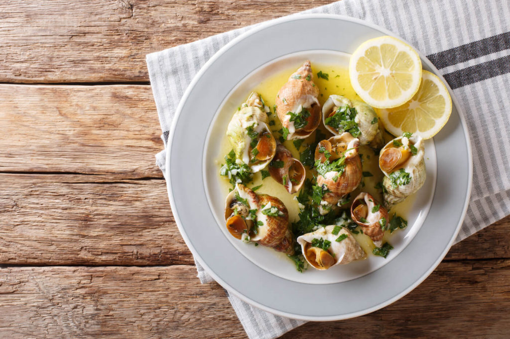 French cuisine: sea snails bulot with garlic sauce and lemon close-up