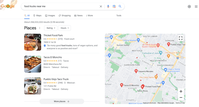 Screen shot of google search results for food trucks near me