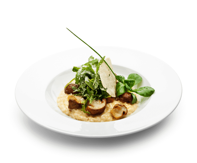 Risotto topped with mushrooms and basil