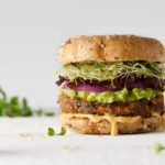 Plant-based veggie burger with guacamole