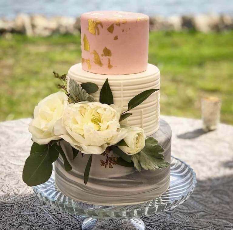 Pink and white wedding cake by Chef Steve Konopelski