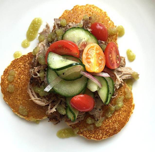 Johnny Cakes with Pulled Pork, Cucumber Tomato Salad, and Green Tomato Jam