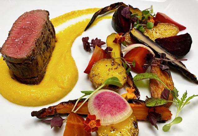 Pan Roasted Venison, Golden Beet Puree, Burnt Carrots, Roasted Root Vegetables