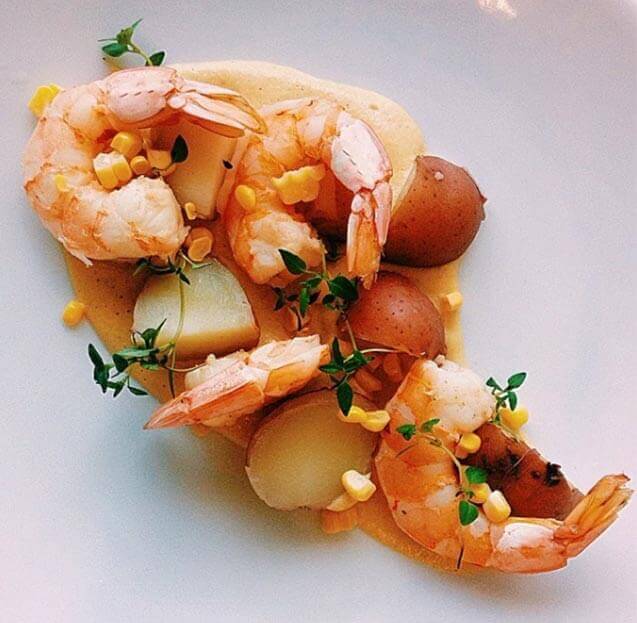 Poached Shrimp and Potatoes, Charred Corn Andouille Corn Puree