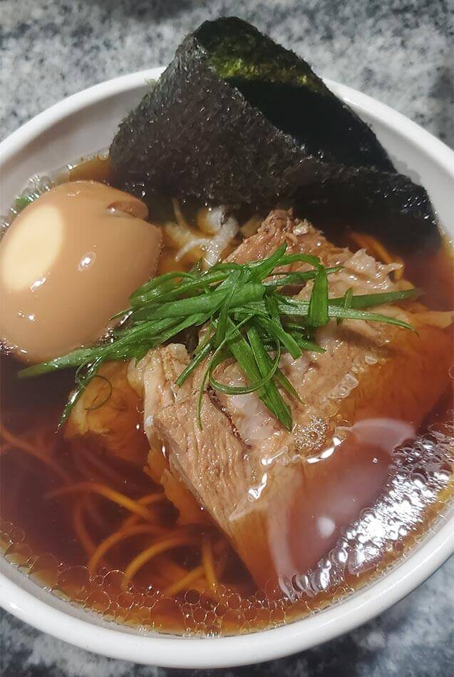 Shoyu ramen with egg, pork belly & seaweed