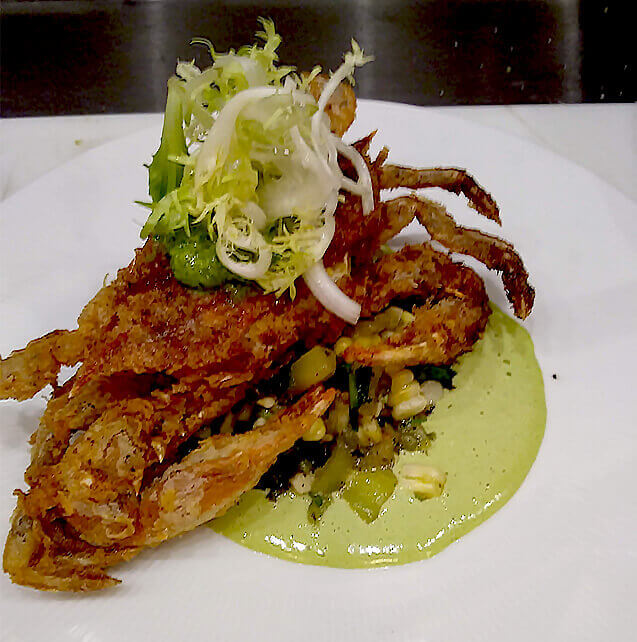 Softshell Blue Crab with roasted tomatillo and corn salsa and a jalapeno vinaigrette